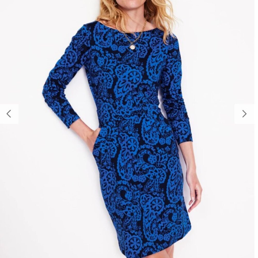 Boden 'Florrie' Long Sleeve Knit Dress in Blue Paisley Cascade Print - Size 12R